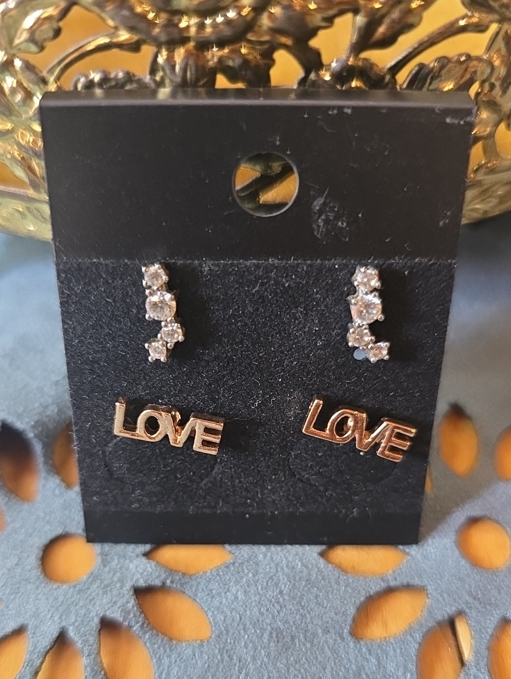 Love Script Rose Gold and Crystal Stud Earring Set
